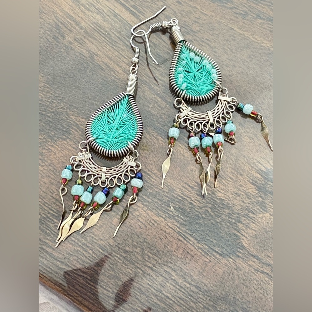 Bohemian Silver Tone and Turquoise Dangle Earrings